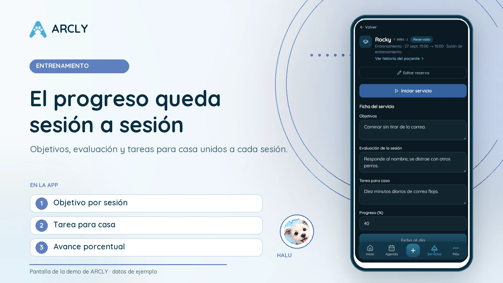 Vista ilustrativa de ARCLY para entrenamiento con datos de ejemplo.