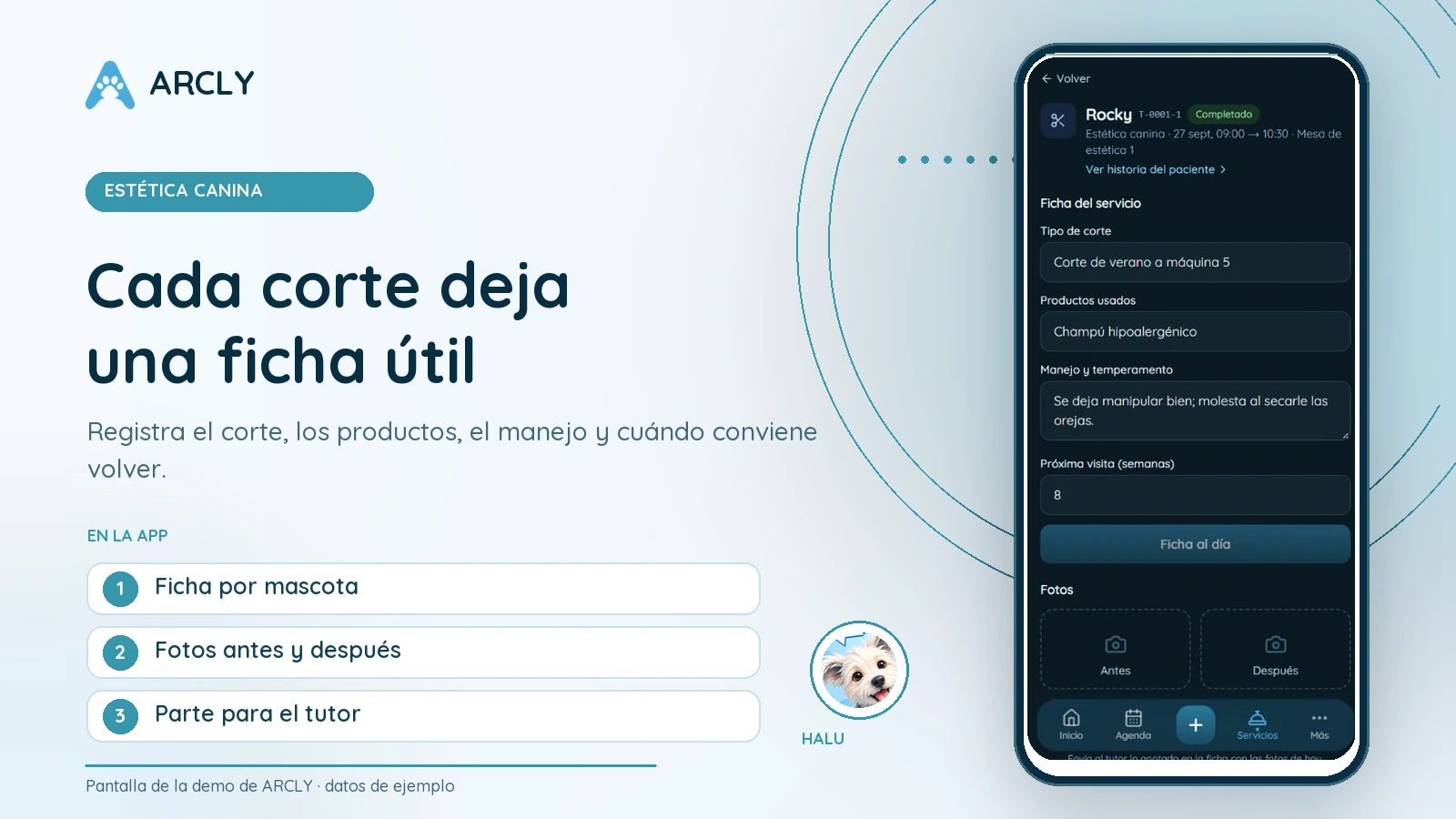 Vista ilustrativa de ARCLY para estética canina con datos de ejemplo.