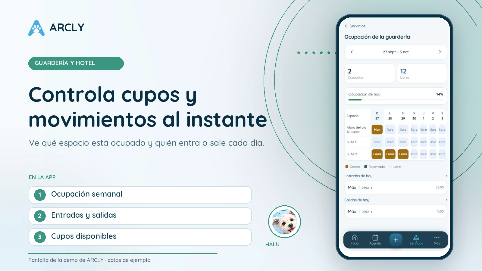 Vista ilustrativa de ARCLY para guardería y hotel con datos de ejemplo.