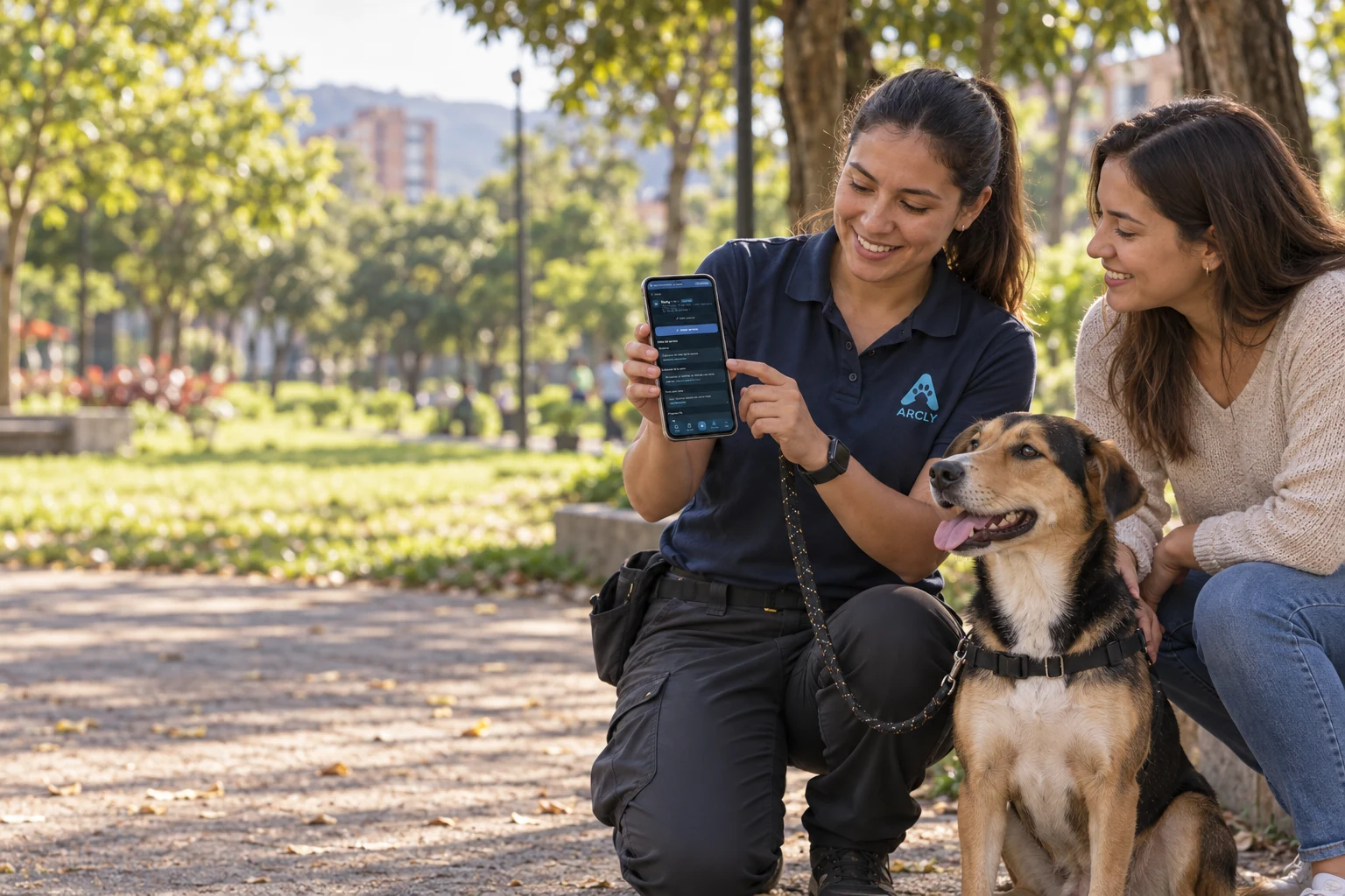 Entrenadora registra en ARCLY el progreso de un perro tras una sesión en el parque, en una escena ilustrativa.