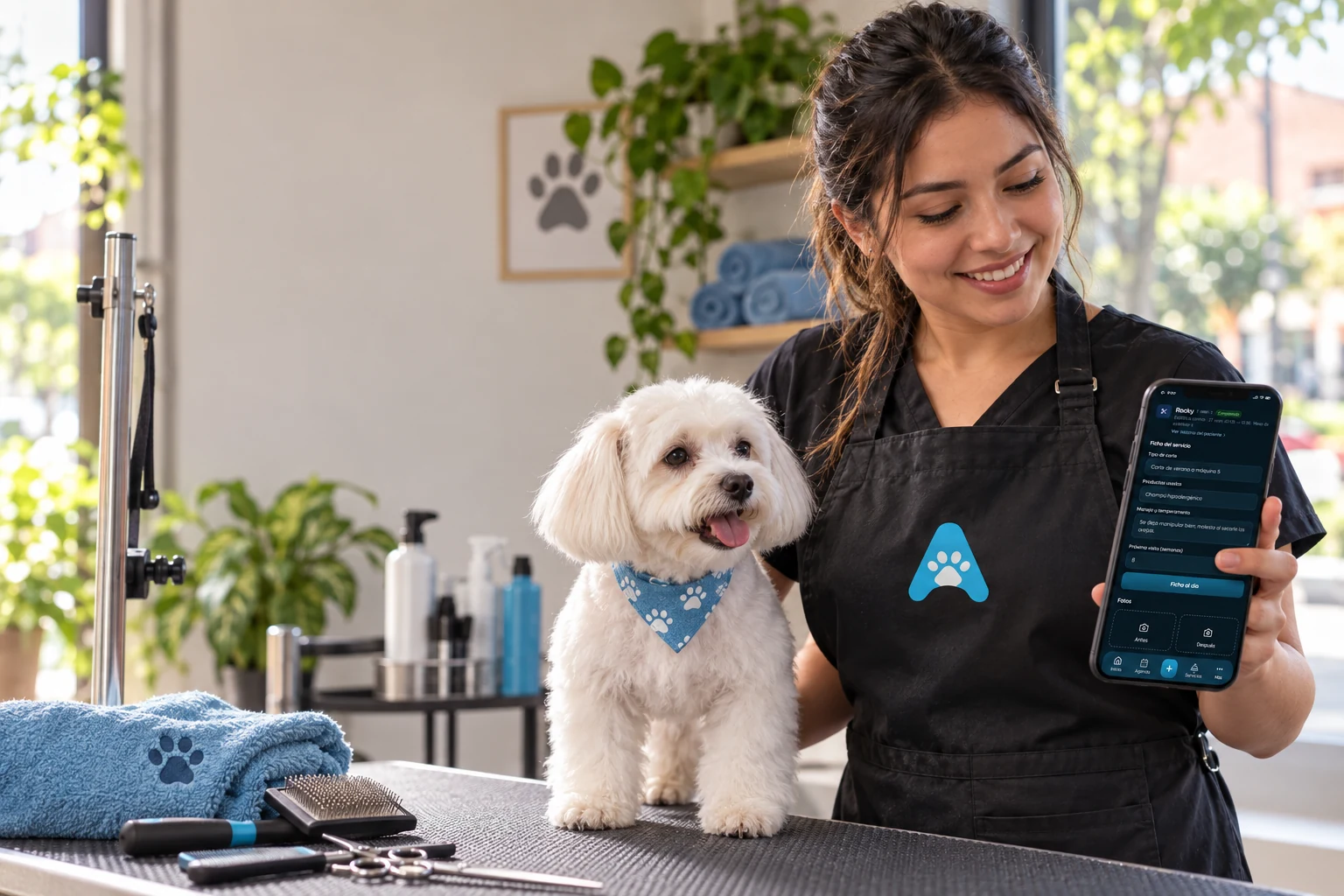 Estilista canina consulta ARCLY junto a un perro tras una sesión de estética, en una escena ilustrativa.