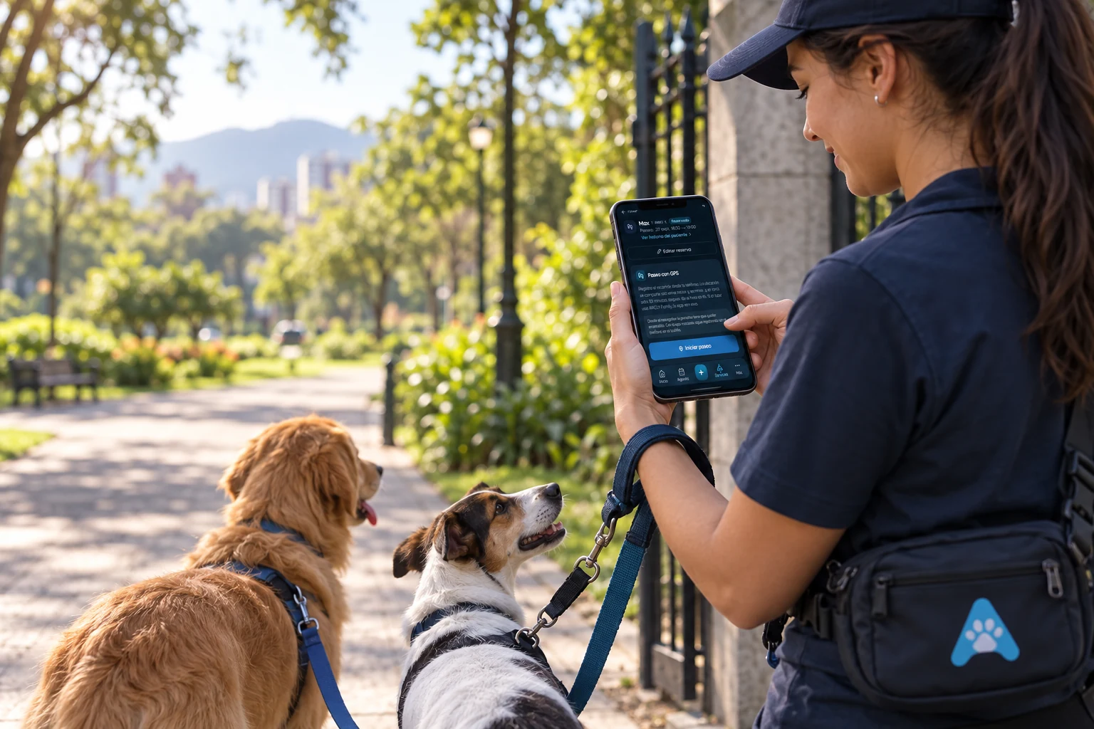 Paseadora inicia en ARCLY un paseo con GPS antes de entrar al parque con dos perros, en una escena ilustrativa.