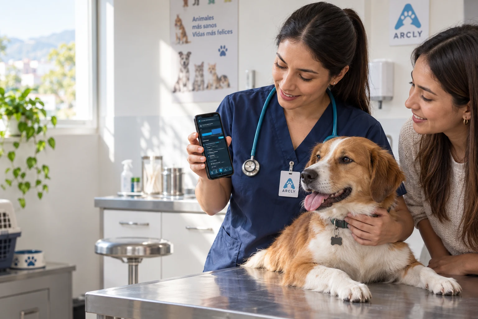 Veterinaria consulta una ficha en su teléfono durante la atención de un perro, en una escena ilustrativa