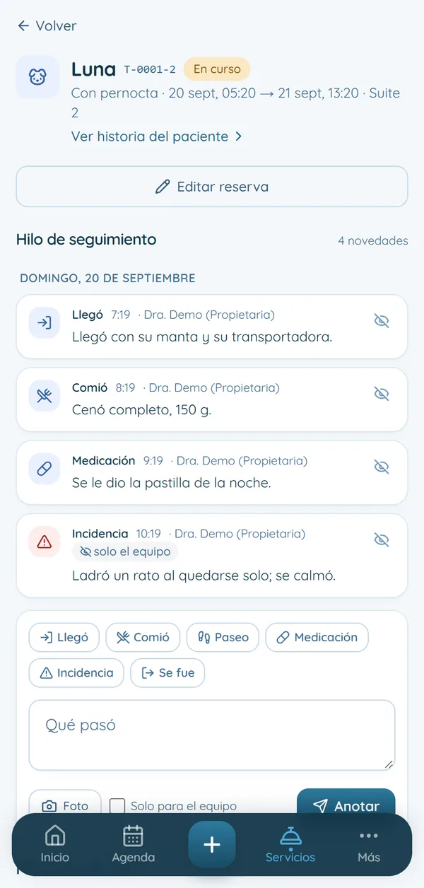 Hilo de seguimiento de Luna en la guardería: llegó, comió, medicación e incidencia, con la hora y quién lo anotó